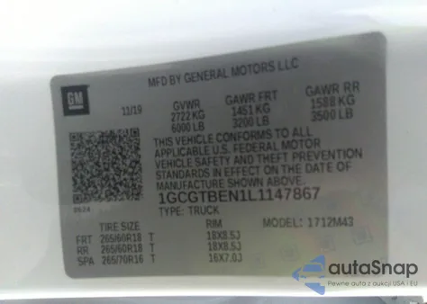 2020 Chevrolet Colorado 4Wd Short Box Wt z USA, uszkodzony, nr VIN 1GCGTBEN1L1147867